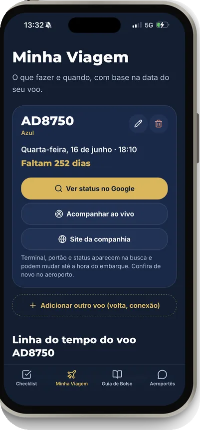 Tela Minha Viagem do App do Viajante com a contagem regressiva do voo