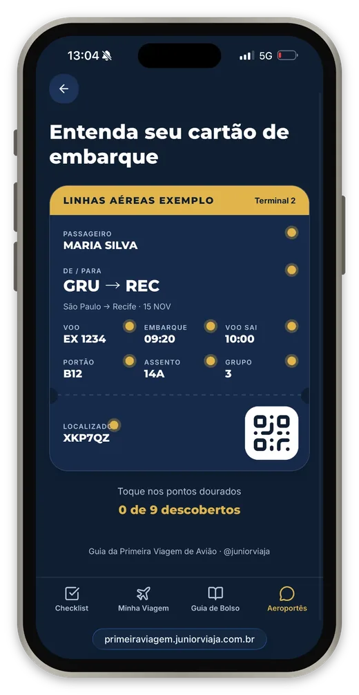 Tela do App do Viajante explicando o cartão de embarque com pontos dourados