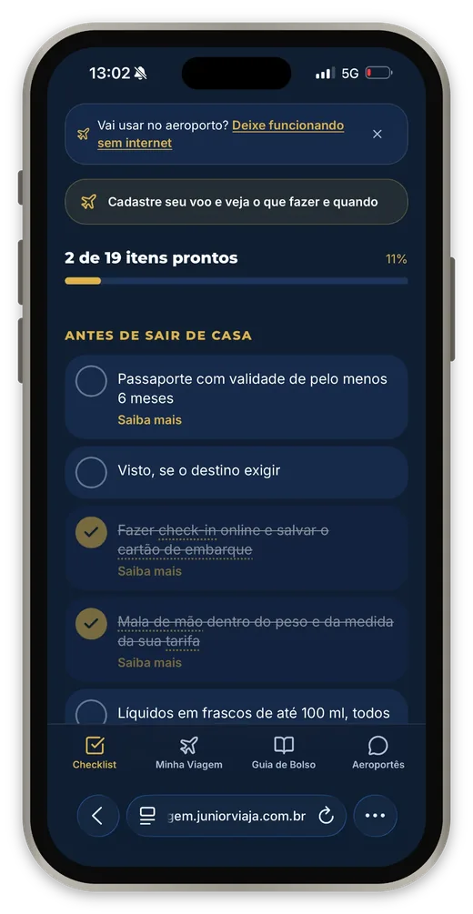 Tela de checklist do App do Viajante com itens marcados