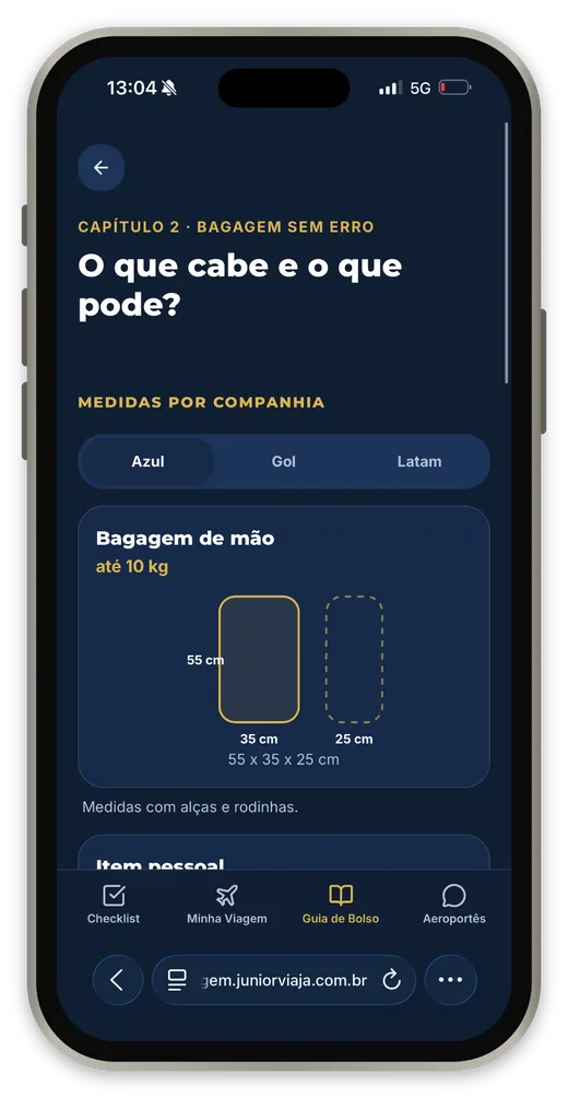 Tela do Guia de Bolso com medidas de mala por companhia aérea